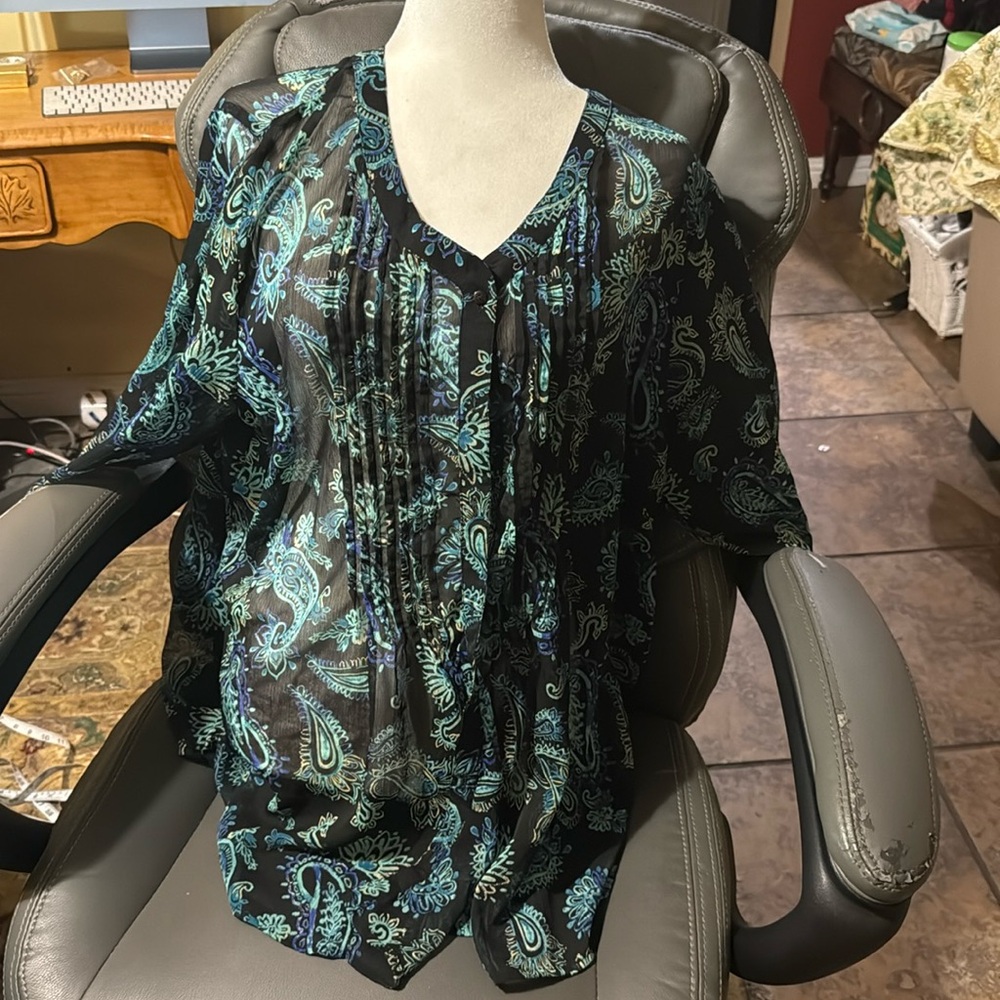 Blair XL See-through top Elegant Black Paisley with Blue and Green Highlights